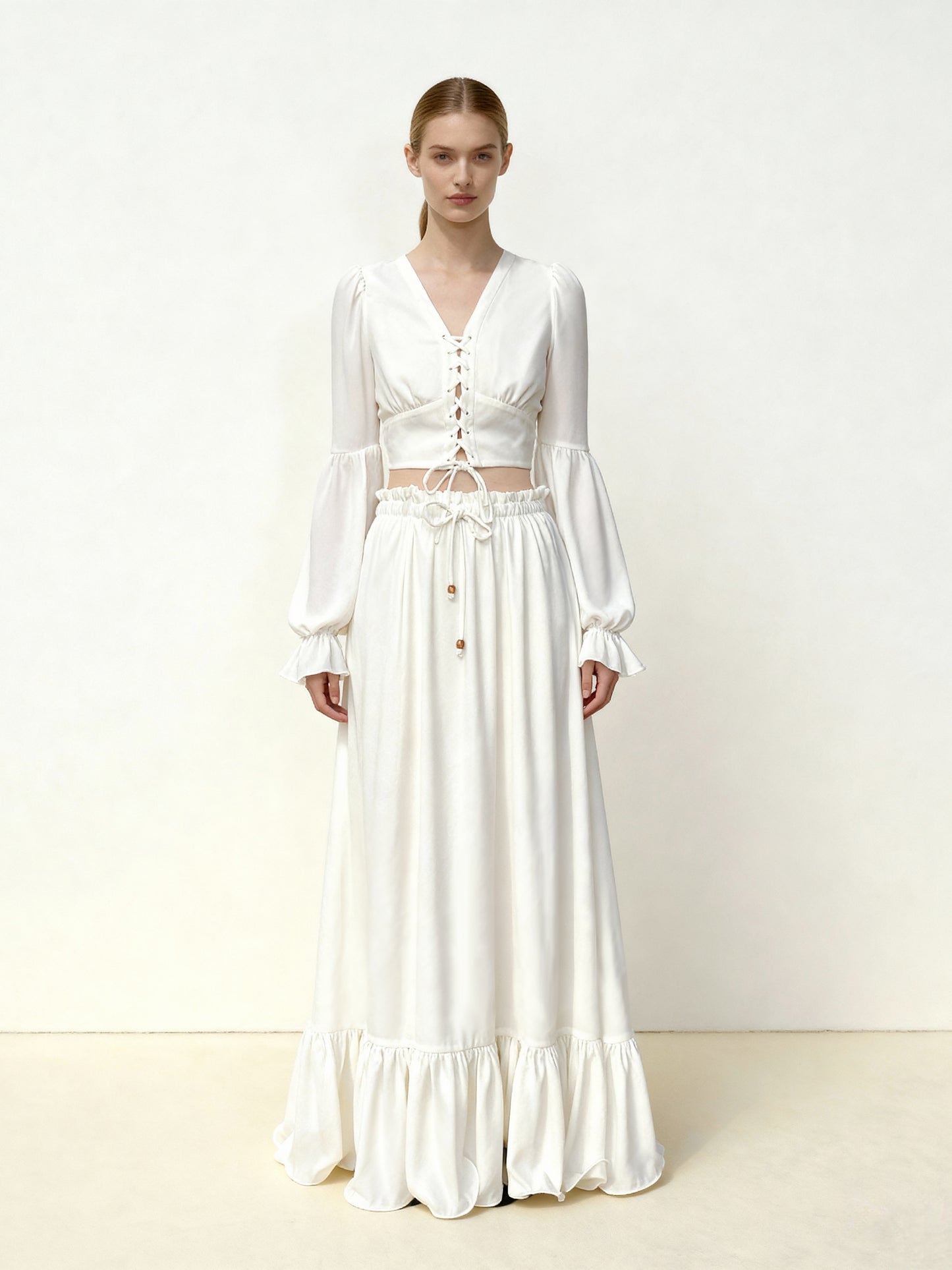 Ruffle Hem Cotton Maxi Skirt - White