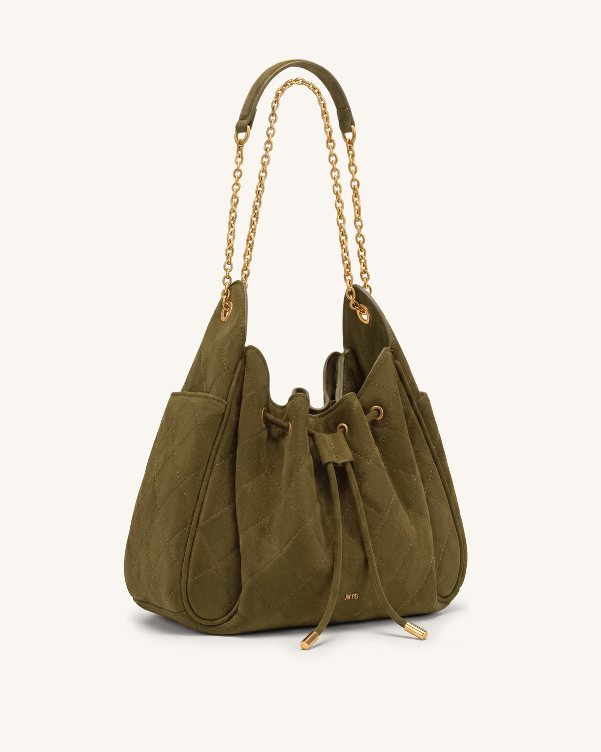Rowan Sac seau matelassé à chaîne en faux suède - Vert olive
