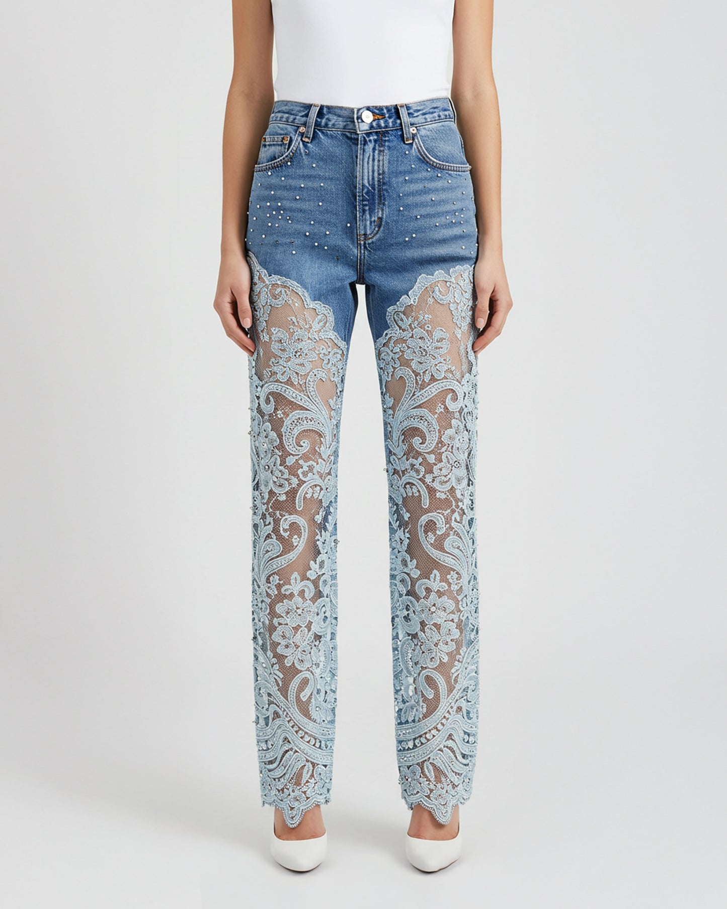 Lace Overlay Denim Pants – Blue