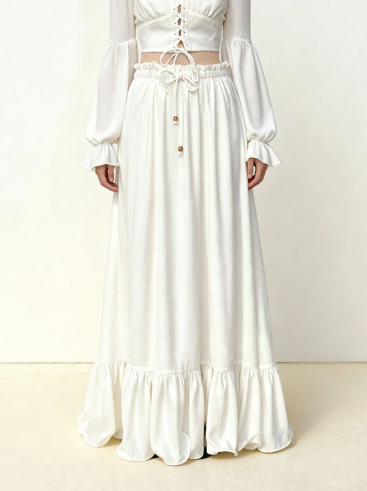Ruffle Hem Cotton Maxi Skirt - White