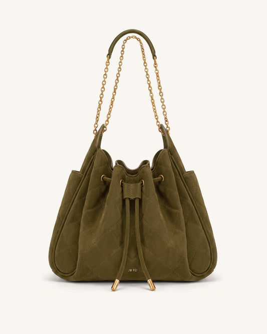 Rowan Sac seau matelassé à chaîne en faux suède - Vert olive