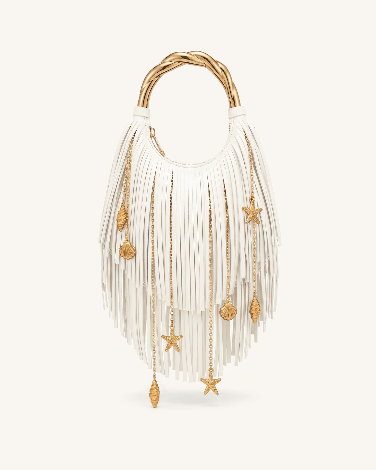 Chloe Sac à main à poignée en métal et franges - Blanc cassé