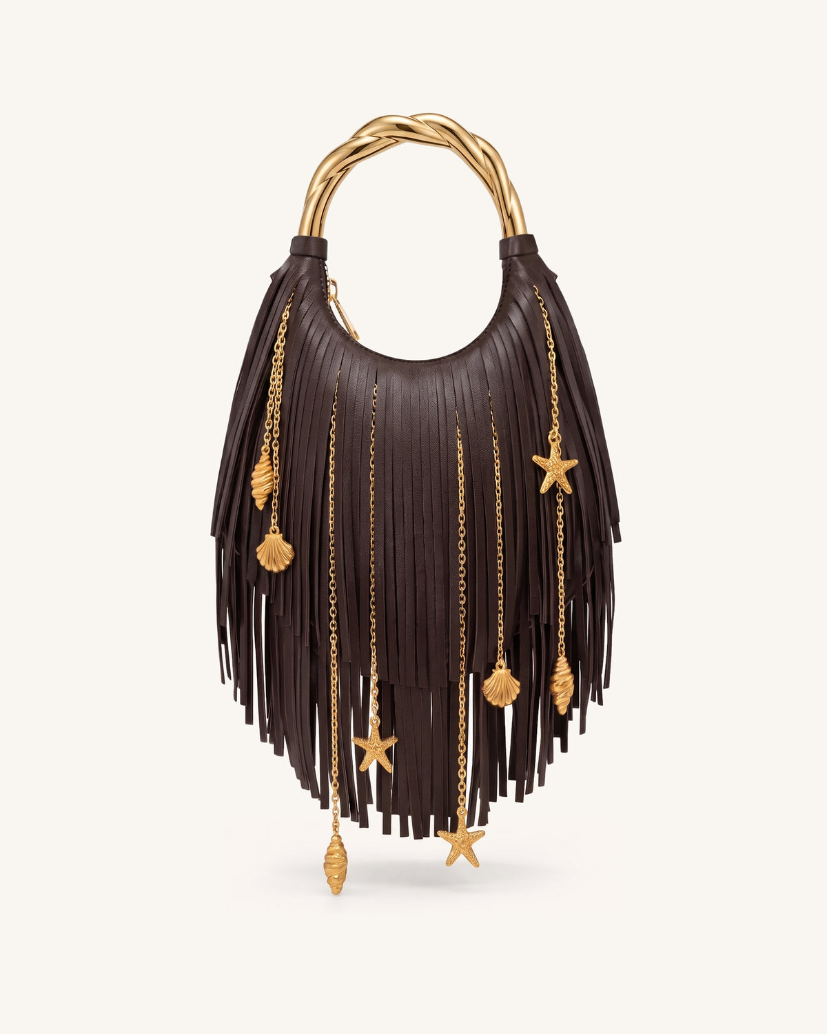 Chloe Sac à main à poignée en métal et franges - Marron foncé