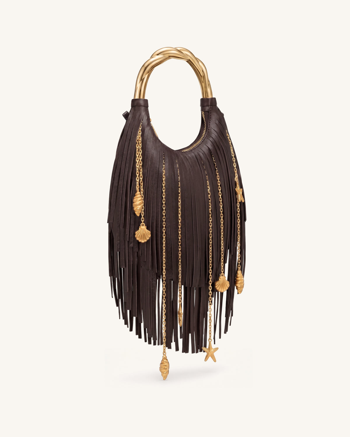 Chloe Sac à main à poignée en métal et franges - Marron foncé
