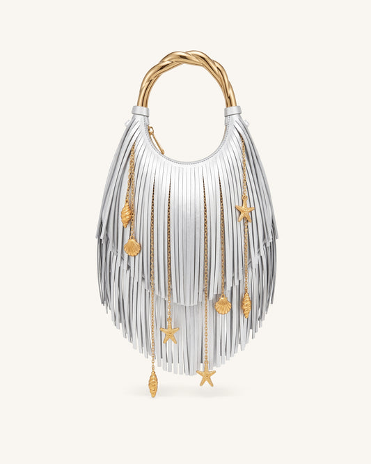 Chloe Sac à main à poignée en métal et franges - Argenté