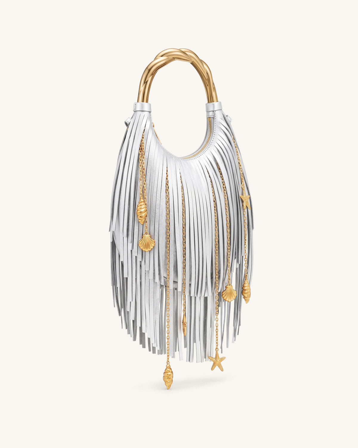 Chloe Sac à main à poignée en métal et franges - Argenté