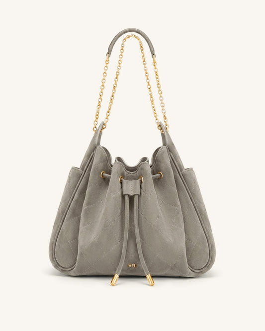 Rowan Sac seau matelassé à chaîne en faux suède - Gris
