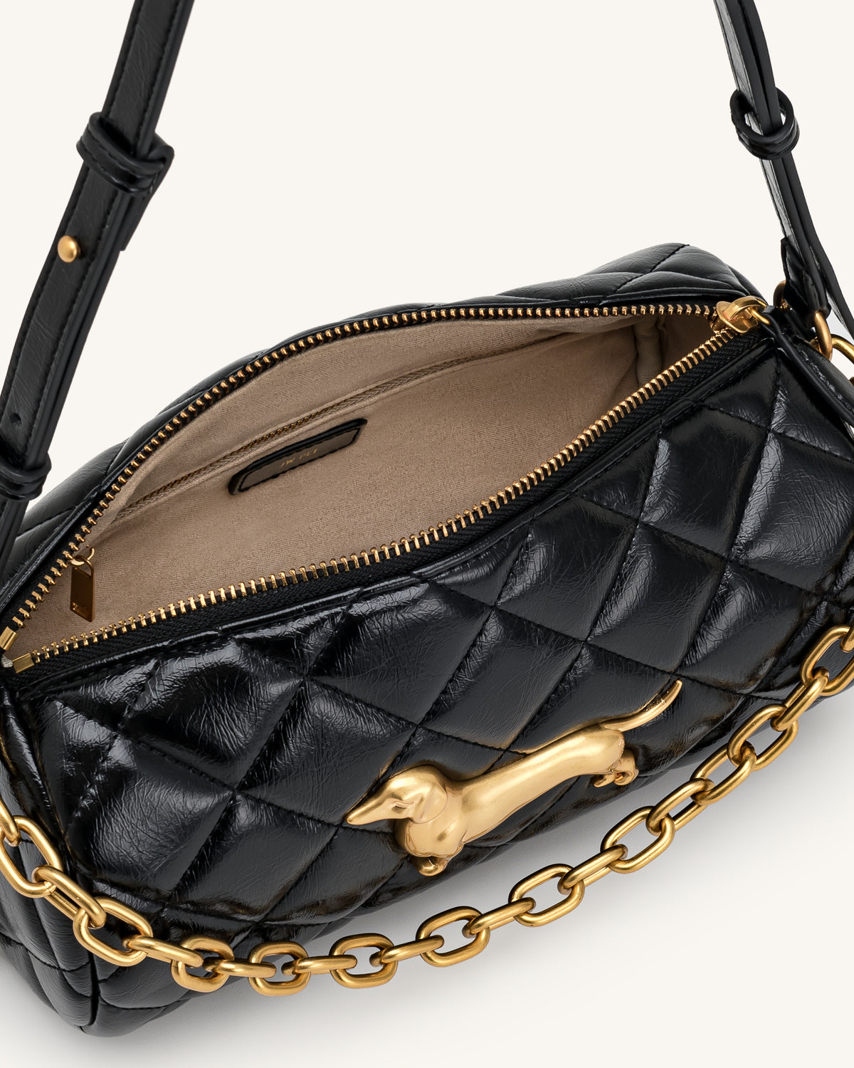 Sac porté épaule matelassé à chaîne Dachshund - Noir