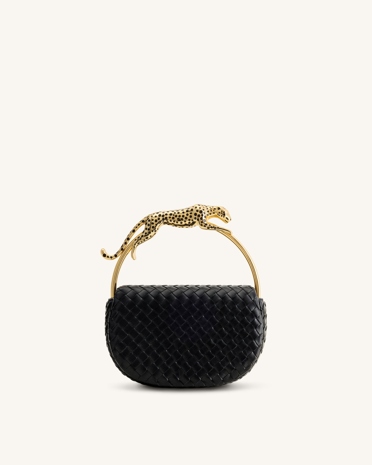 Ione Sac à poignée supérieure tissé avec anse en métal en forme de léopard - Noir