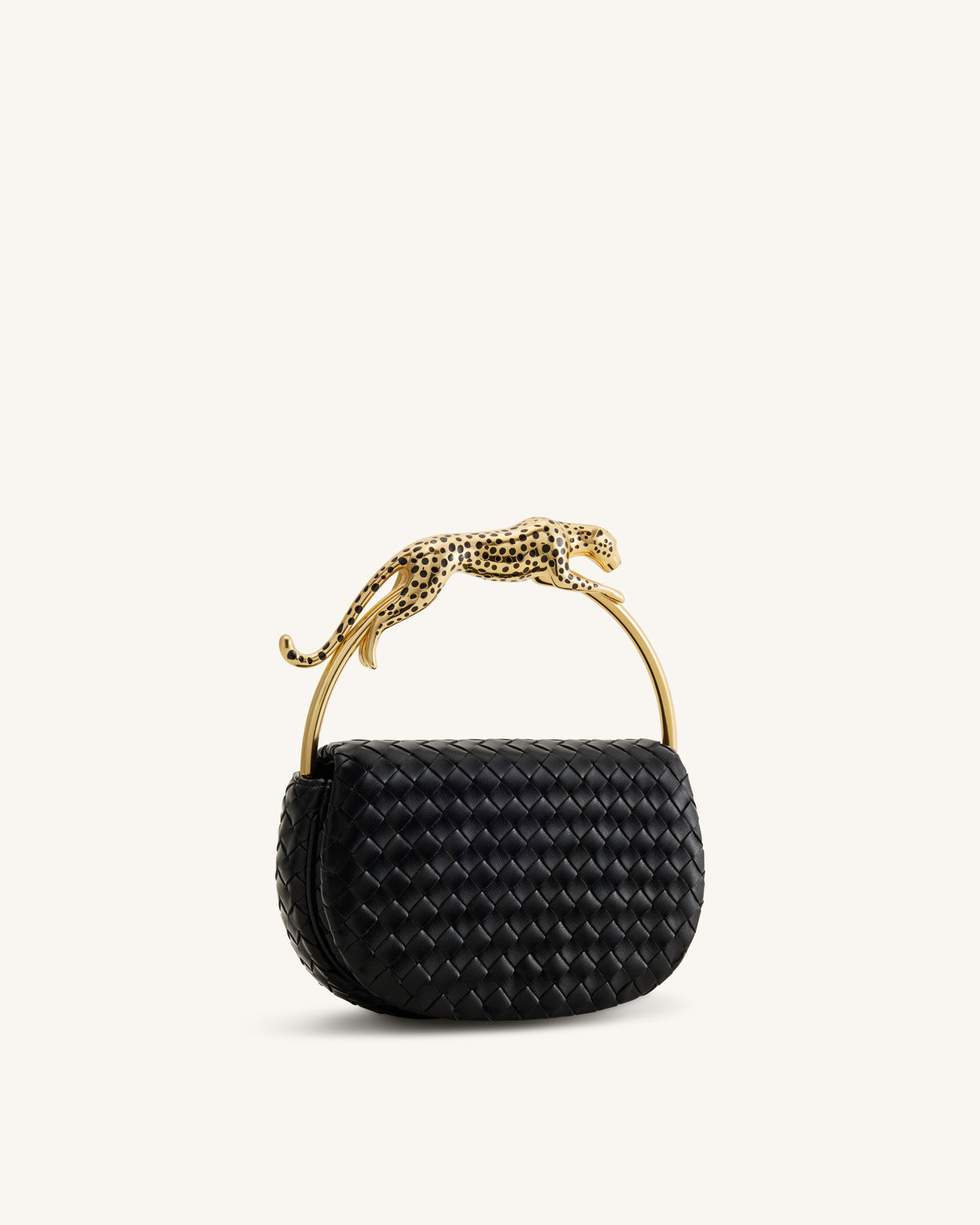 Ione Sac à poignée supérieure tissé avec anse en métal en forme de léopard - Noir
