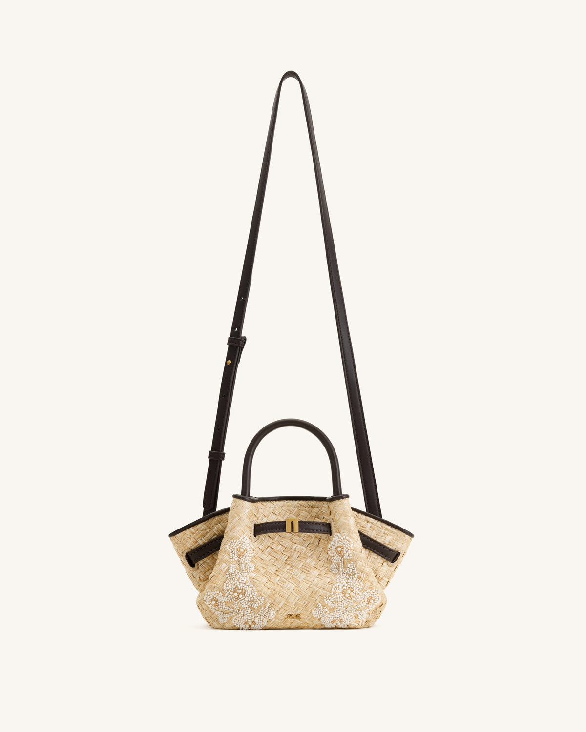 Mini sac cabas en fausse paille orné de perles Hana - Marron