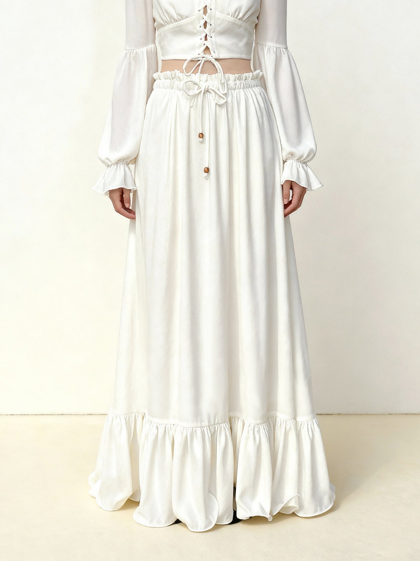 Drawstring Chiffon Maxi Skirt - White