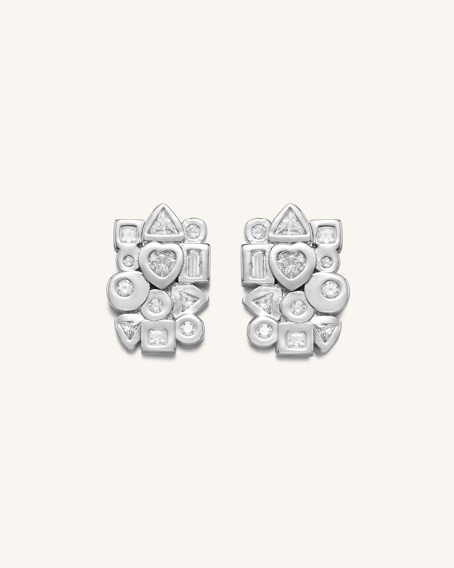幾何組合耳環 - 18ct 鍍白金&白色鋯石