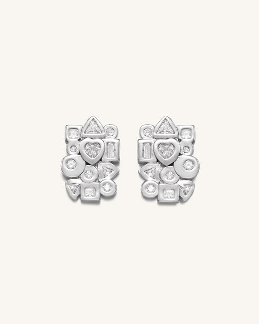 幾何組合耳環 - 18ct 鍍白金&白色鋯石