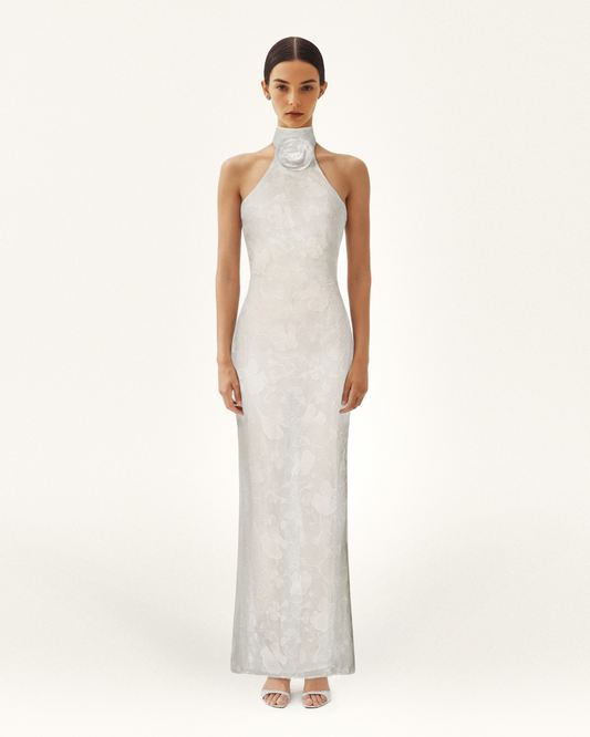 Uliana Black Floral Lace Halterneck Maxi Dress - White