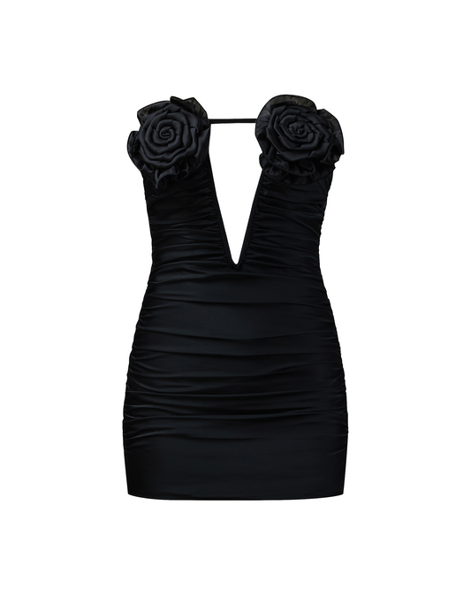 Bailee Red Floral Applique And Ruched Tube Mini Dress - Black