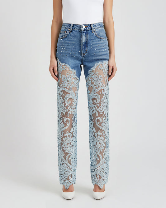 Lace Overlay Denim Pants – Blue